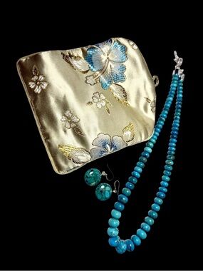 Genuine Turquoise Necklace & Earrings. Comes in embroidered purse.